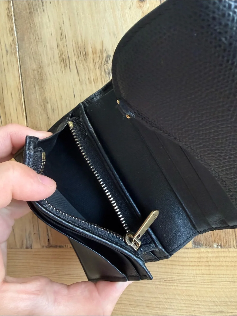 Christian Dior Vintage Saddle Trifold Wallet, Black Leather, Gold D Clasp